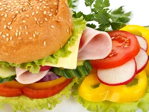 hamburger, ham, vegetables, cheese