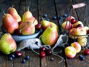 cherries, truck concrete mixer, bowl, peaches, composition, blueberries, basket