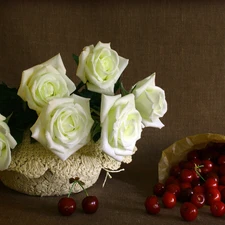 White, Hat, cherries, roses