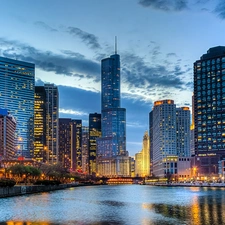 Chicago, USA, skyscrapers, clouds, River
