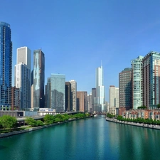 Chicago, USA, clouds, River, skyscrapers