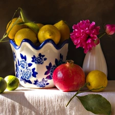 Colourfull Flowers, navy blue, china, lemons