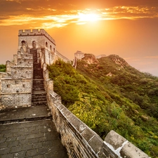 Chinese, wall, Mountains, sun, landscape