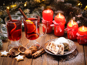 Christmas, composition, Glass, Mulled Wine, cake, nuts, Red, candles, four
