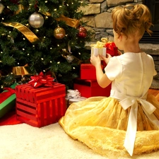 gifts, girl, christmas tree