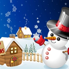 Snowman, Houses, christmas, snow