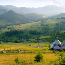 church, autumn, woods, field, Mountains