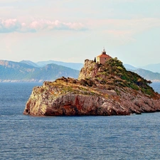 Mountains, Islet, Church, sea