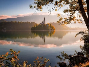 Church, Blejski Otok Island, Fog, Lake Bled, Slovenia, Mountains, trees