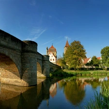 Sky, bridge, Church, River