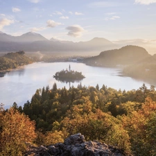 Fog, Lake Bled, autumn, Mountains, Island, Slovenia, Church, Alps, rays of the Sun, Bled Island