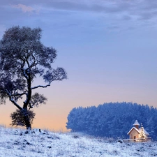 winter, trees, church, snow