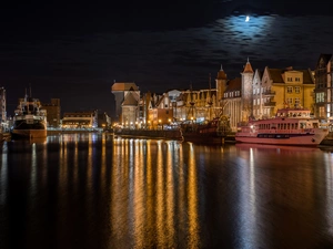 River, vessels, Gdańsk, City at Night, Poland