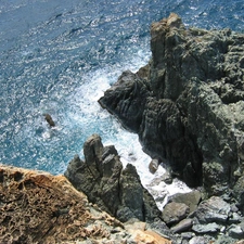 cliff, water, rocks