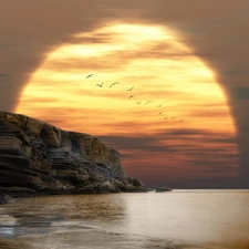 west, birds, cliff, sun