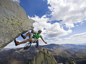 rocks, climbing, clouds, a man