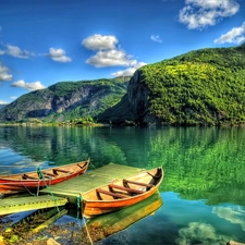 boats, lake, clouds, Mountains