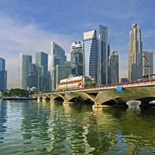 clouds, bridge, town, skyscrapers, panorama