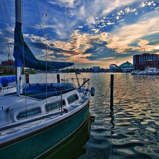 clouds, buildings, Boats, Sky, lake