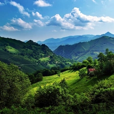 medows, Mountains, clouds, Cantabria, Houses, woods