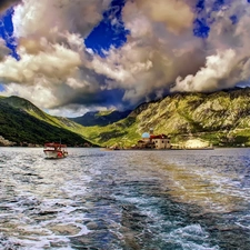 clouds, Church, Mountains, bath-tub, lake