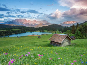 viewes, Krun City, Germany, Home, Mountains, Geroldsee Lake, Bavaria, clouds, Meadow, trees