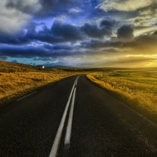 clouds, Street, field