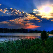 lake, clouds