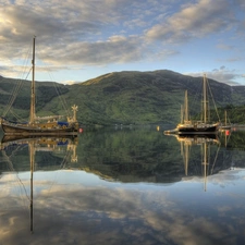 lake, Mountains, clouds, sailboats