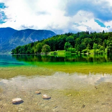 lake, Mountains, clouds, woods