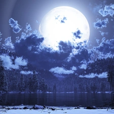 clouds, moon, lake, forest, winter