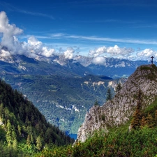 Mountains, rocks, clouds, woods