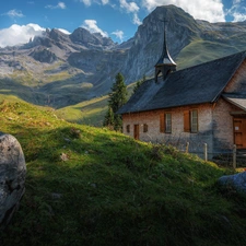 Church, Switzerland, viewes, clouds, trees, Mountains