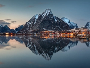clouds, reflection, Mountains, Reine Village, Houses, Lofoten, Norway, Norwegian Sea