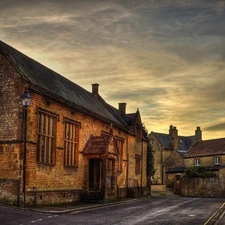 old, Street, clouds, Houses