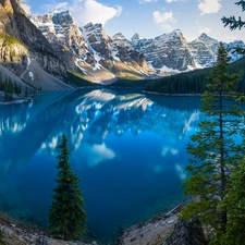 trees, Alberta, Mountains, clouds, Lake Moraine, Canada, Banff National Park, reflection, viewes, forest
