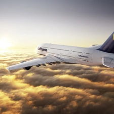 plane, A380, clouds, Airbus