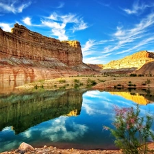 sun, lake, Plants, luminosity, Przebijające, rocks, clouds, reflection, flash, ligh