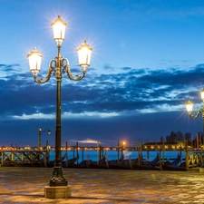 clouds, Venice, bridge, lanterns, River