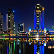 skyscrapers, Town, River, night, Brisbane, clouds, Australia