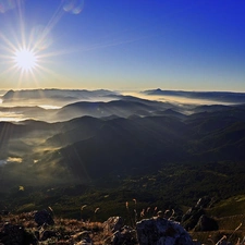 clouds, rocks, sun, Mountains, east