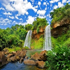 rocks, White, clouds, waterfalls