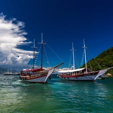 sailboats, Mountains, clouds, sea