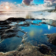 sea, rocks, clouds, Waves