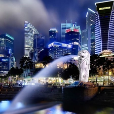 Singapur, skyscrapers, clouds, fountain