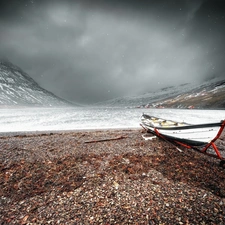 Clouds, Sky, lake, Boat, Mountains