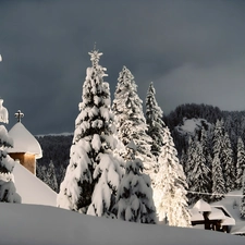 Clouds, Sky, forest, Church, winter