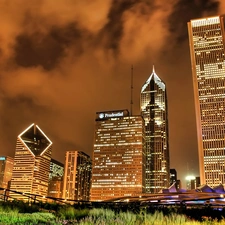 clouds, illuminated, skyscrapers