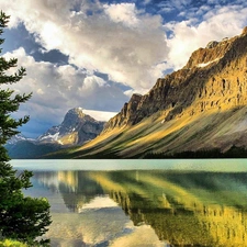 clouds, spruce, Mountains, lake, beatyfull