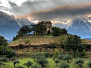 clouds, storm, an, hill, house